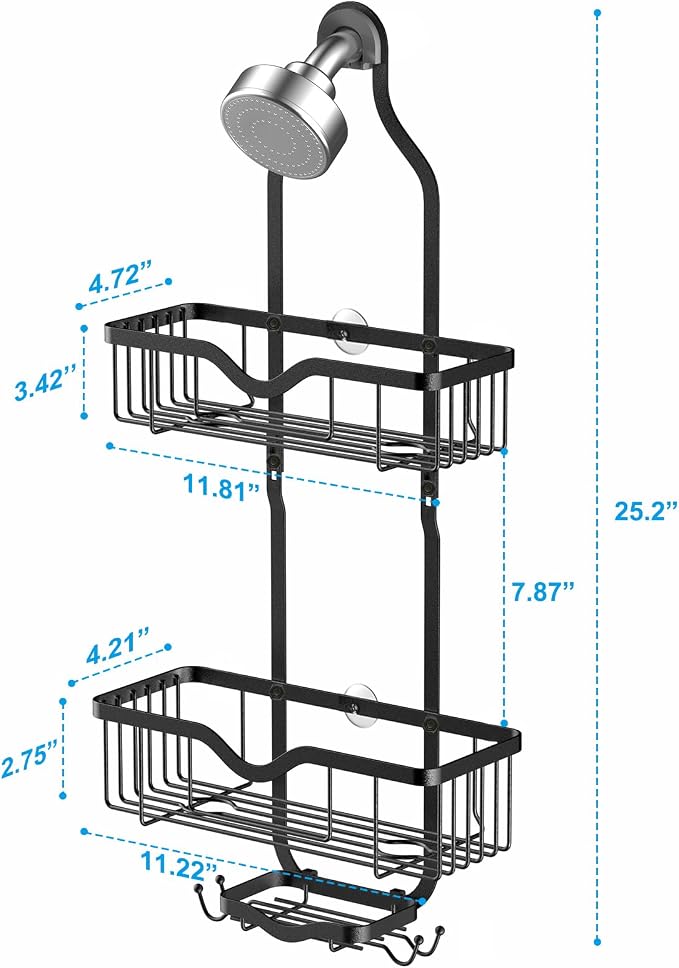 Shower Caddy Hanging, Bathroom Organizer Rack, Shower Rack with Soap Dish, Over The Showerhead Caddy with Hooks for Razor/Sponge, Matte Black (Assembly Required)