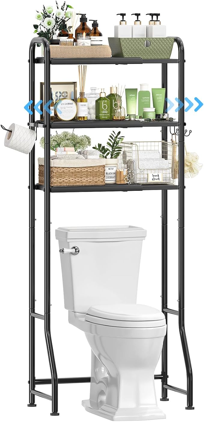 Simple Trending Expandable Over The Toilet Storage Rack, Metal 3 Tier Bathroom Organizer Shelf with Paper Holder and 3 Hooks, Black