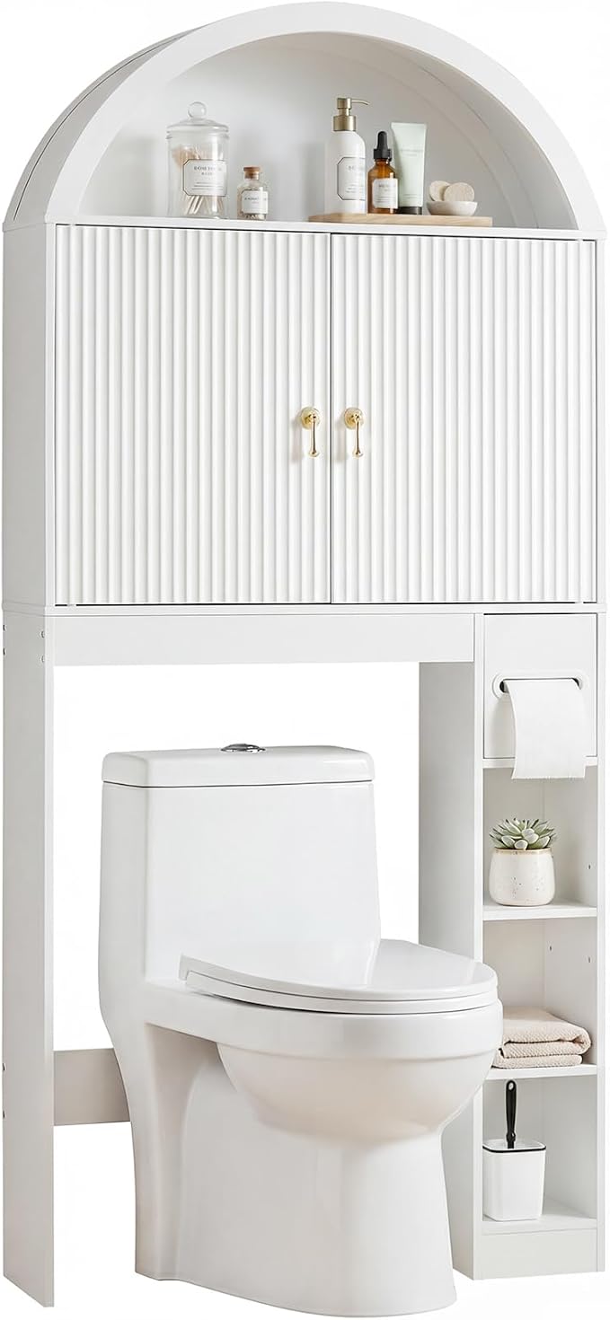 HOOBRO Over the Toilet Storage Cabinet, 67.7'' Tall Bathroom Organizer with Wave Doors, Arched Design with Adjustable Shelf, Toilet Paper Holder, Freestanding Cabinet for Narrow Space, White WT26TS01