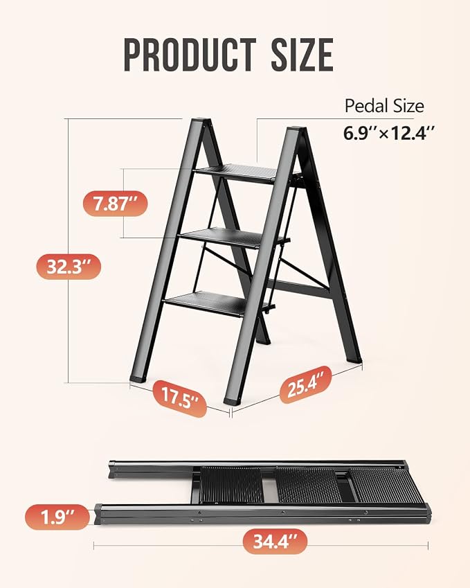 WOA WOA 3 Step Ladder, Foldable Step Stool, Lightweight Ladder for Home Kitchen Closet, Anti-Slip Aluminum Pedals, Ease of Folding, Portable, 300lbs Capacity - Black
