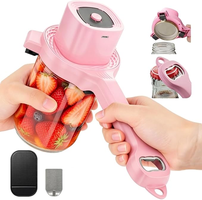 Electric Jar Opener for Seniors with Arthritis, TFCC & Weak Hands, Patented Power-Grip Auto-Tighten Manual Lid Opener, Rechargeable 2-in-1 Jar & Bottle Opener with Storage Hook & Non-Slip Pad(Pink)