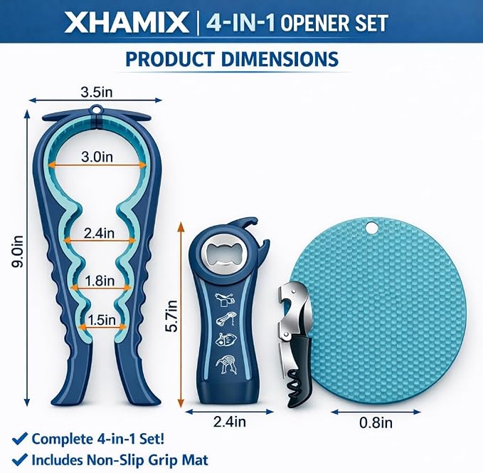 4-in-1 Multi-Function Bottle Opener Set for Jars, Bottles and Wine with Non-Slip Grip (Grey + Sky Blue)
