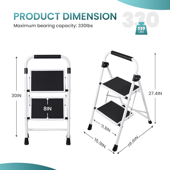 OLIXIS 2 Step Ladder, 330lbs Heavy Duty Sturdy Step Stool with Anti-Slip Pedal & Comfortable Handrail, Portable Step Stool for Kitchen, Garage & Outdoor Use - Black