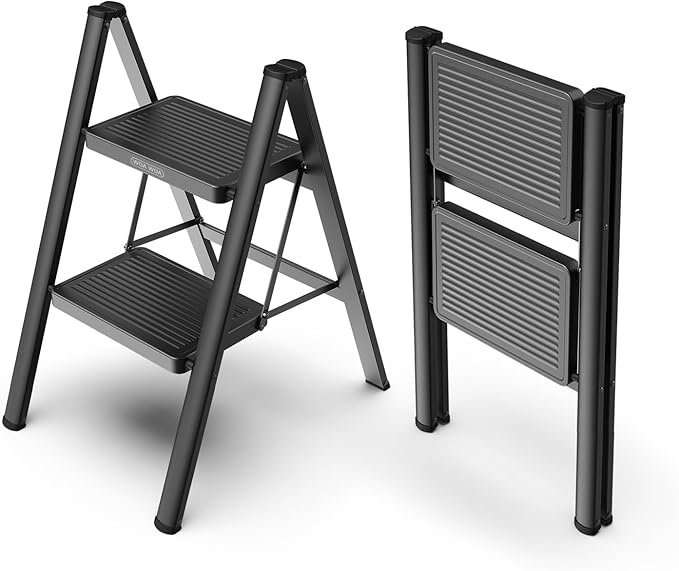 WOA WOA Step Ladder for Home, Foldable Step Stool for Kitchen with Non-Slip Pedals, Sturdy Ladders Supports up to 330 lbs, Compact and Portable - 2 Step/Black