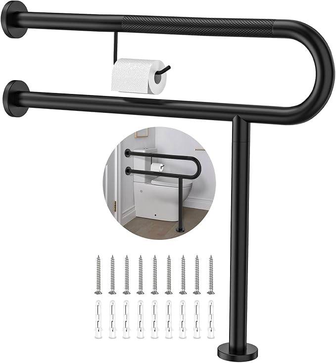 Toilet Support Rail w/Toilet Paper Holder 31.5x28 Inch, ZUEXT Wall to Floor Matte Black Anti-slip Handicap Grab Bar for Bathroom,Stainless Steel Safety handrails with Leg for Elderly Disabled Pregnant