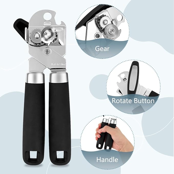 KTOJOY Heavy Duty Stainless Steel Smooth Edge 3-In-1 Multifunctional Manual Strong Can Bottle Opener – Soft-Grip Black