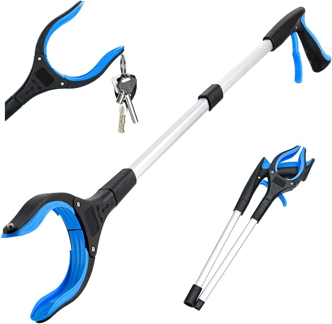 Grabber Reacher Tool,32 Inch Extra Long Foldable Pick Up Stick with Strong Grip Magnetic,360°Rotating Anti-Slip Jaw,Trash Claw Grabber Tool,Trash Picker Tool for Outdoor & Indoor (Blue2)