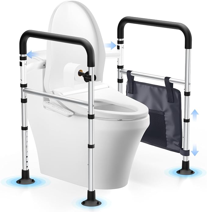 WHLICKS Toilet Safety Rails, Height & Width Adjustable Detachable Toilet Safety Frame for Seniors, Elderly & Disabled, Foldable Handicap Toilet Rails with Handles Storage Bag, Tissue Holder (350LB)