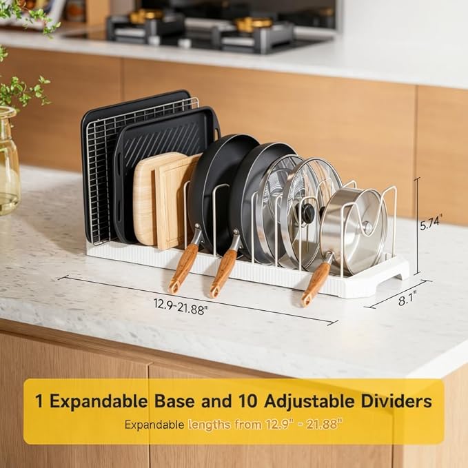 MUDEELA Pots and Pans Organizer under Cabinet, Pot Rack with Expandable Pot Lid Organizers Holder for 10 Adjustable Dividers, Pan Organizers inside Cabinet for Pan Lids, Cutting Boards, Baking Sheets