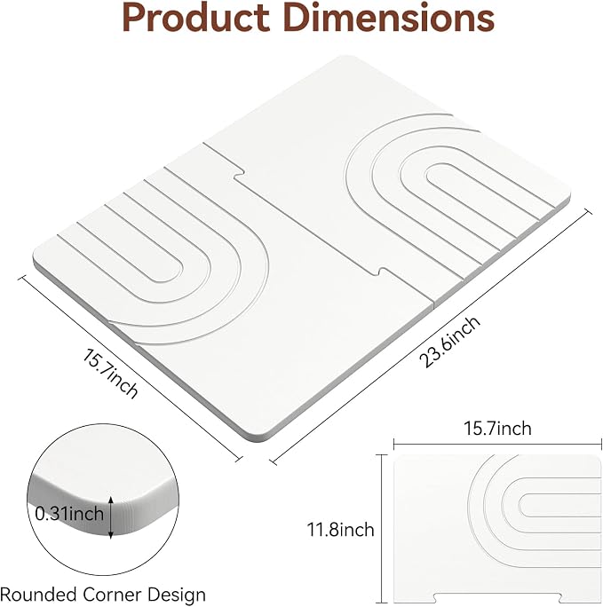 Luxspire Stone Bath Mat, Quick Drying Diatomaceous Earth Bath Mat for Bathroom, Large Bathroom Rug Non Slip, Water Absorbing Shower Pad, Stone Drying Pad for Kitchen Counter, 24 x 16 in, White