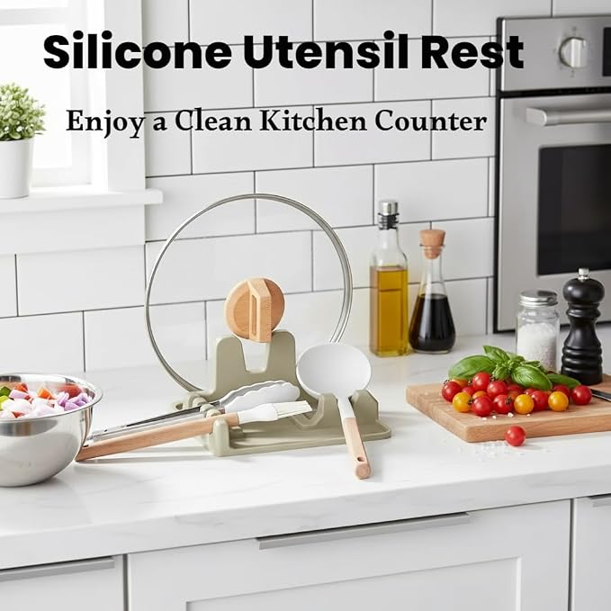 Auoon Silicone Spoon Rest with Lid Holder - 3 in 1 Kitchen Utensil Rest for Soup Ladles, Pot Lids, Spatulas, Spoons, Tongs, BPA Free & Dishwasher Safe, 8.26 x 8.06 Inch (Milk Shake, Large)