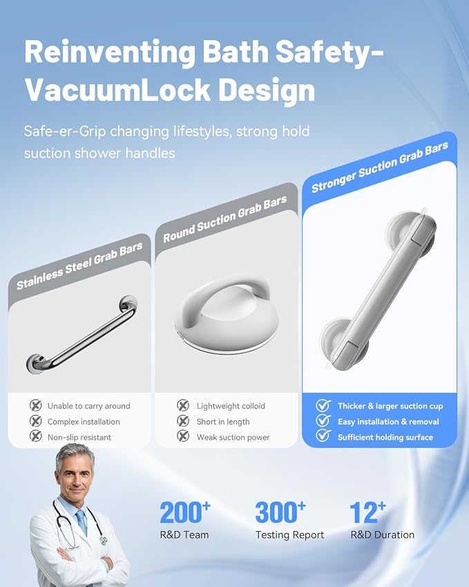 JOTPE 2 Pack Suction Cup Grab Bars for Shower, Heavy Duty Shower Handle for Bathroom Safety, Tool-Free Removable Bathtub Grab Bar for Elderly Balance Support, Grey