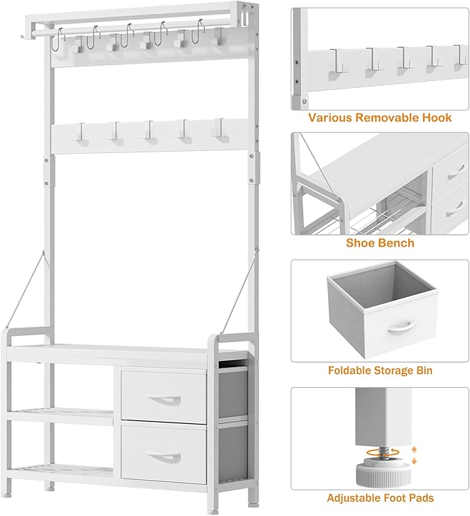 Lulive Hall Tree, 31.5” Entryway Bench with Coat Rack freestanding, 5 in 1 Intelligent Design Shoe Bench and Wall Rack 17 Hooks and Drawers (White)