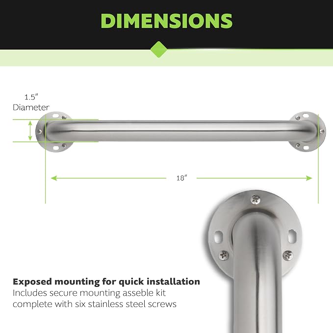 Homewerks 068 HW11218SS 18 Inch Bathroom Grab Bar with 1-1/2 Inch Diameter and Exposed Screws ADA Compliant - Brushed Stainless Steel