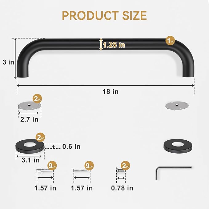 AmazerBath Grab Bars for Shower 18 Inches, Shower Grab Bars for Senior Anti Slip, Safety Grab Bars for Bathtubs and Showers Stainless Steel, Thickened Bar Holds 500LBS, 18" Lx1.25 D, Black