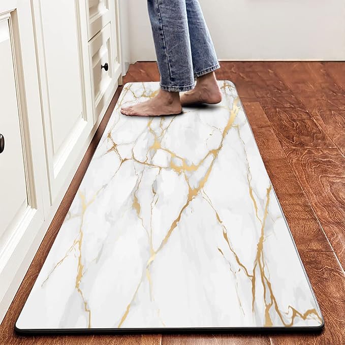 Mrcrypos Marble PVC Leather Kitchen Rug Runner Waterproof Non Slip Cushioned Standing Mats Anti Fatigue Oil Resistant Kitchen Comfort Mats for Floor,Sink,Laundry,Office 17"x47" Luxury Marble Gold