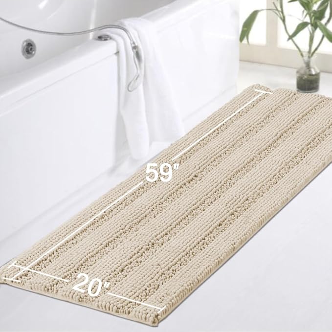 Turquoize Bathroom Runner Area Chenille Rug Oversize Non-Slip Shag Kitchen Shower Bath Mat Extra Long Fog Striped Washable for Bathroom, Size 59" x 20", Fog