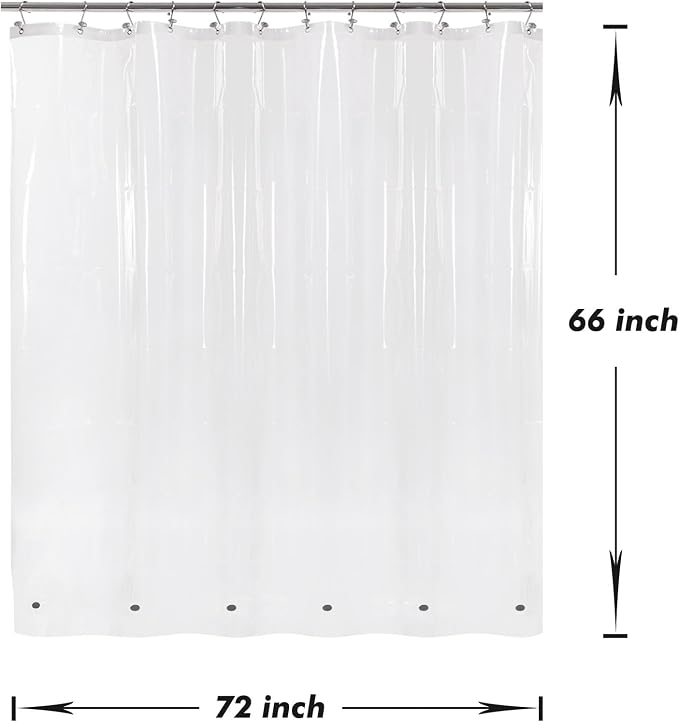 Barossa Design Short Shower Curtain or Liner with 6 Weighted Magnets, 72 x 66 inch Length, Heavy Duty PEVA, Waterproof, PVC Free, 12 Metal Grommets, Clear, 72x66
