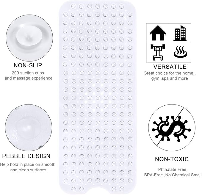 YINENN Bath and Shower Safety Mats 40x16 inch, Non Slip with Suction Cups for Bathroom Stall and Tub Floor, Extra Large and Machine Washable, Drain Holes Keep Bathtub Clean, White