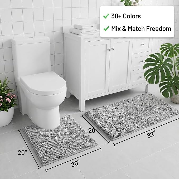 Bathroom Rugs Sets 2 Piece,Super Absorbent Chenille Bath Mats and U-Shaped Toilet Rug,Strong PVC Non Slip Backing,Microfiber Washable Dry Quickly Bath Mats for Bathroom(20"x32"+20"x20"U, Light Grey)