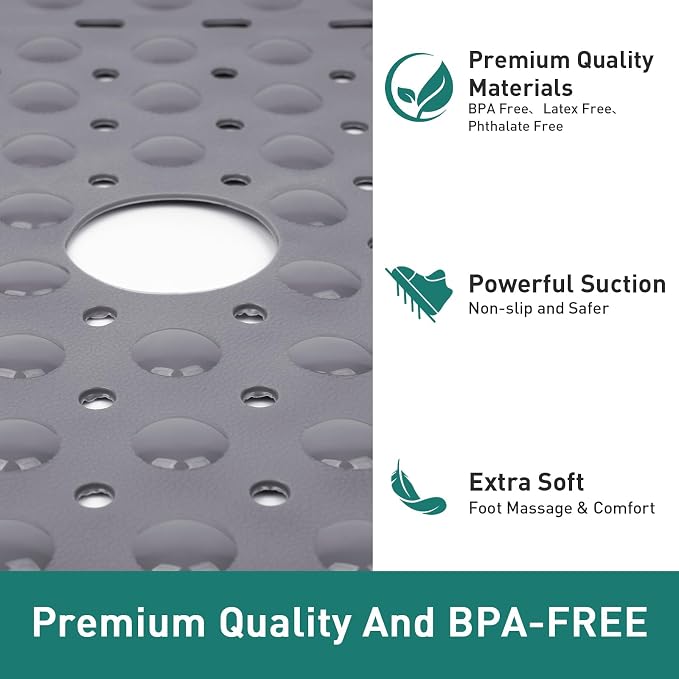 Large Square Shower Mat 27 x 27 Inch Gray, Non Slip Shower Bathtub Mats for Inside Shower with Big Suction Cups Drain Holes, Anti Slip Bathroom Floor Shower Stall Mats, Easy Clean, BPA-Free