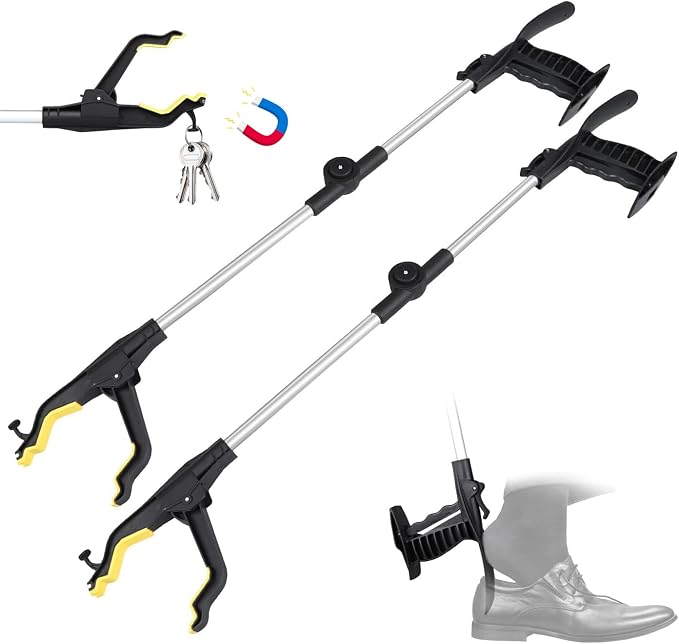 32" Grabber Reacher Tool, 2-Pack Foldable Reacher Grabber Pickup Tool with Shoe Horn, Trash Picker Upper Grabber with 360° Rotating Jaw & Magnet, Lightweight Grabbers for Seniors Heavy Duty