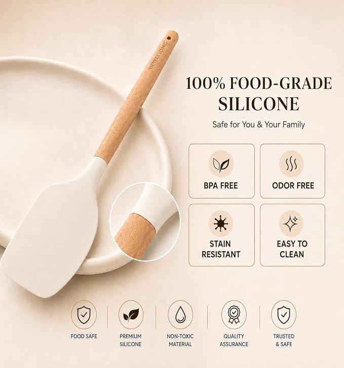Silicone 10 Pcs Kitchen Cooking Utensils Set, Recycled Materials Certification, BPA Free Spatula Set with Heat Resistant Wood Handles for Nonstick Cookware, Cream White