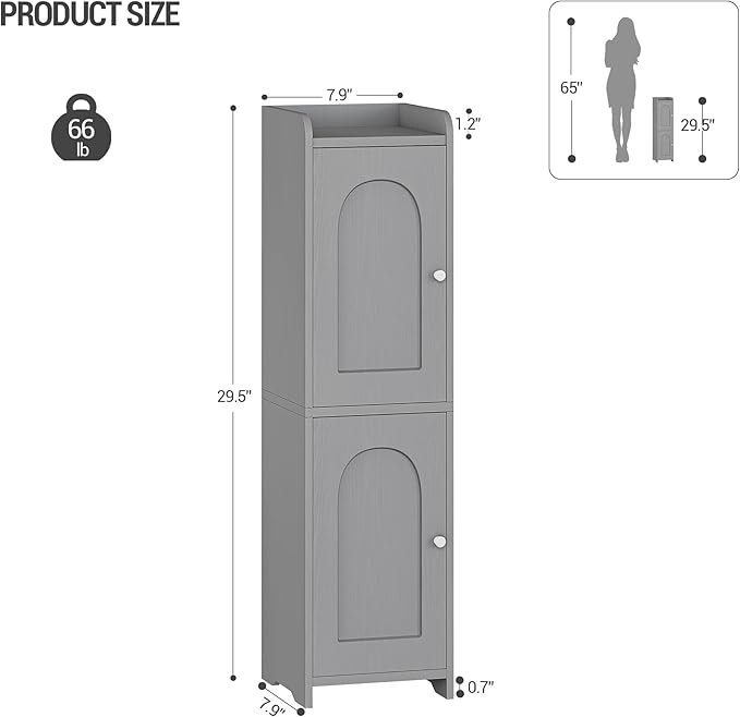 Hzuaneri Bathroom Storage Cabinet, Small Corner Floor Cabinet with 2 Doors and Adjustable Shelf, Narrow Toilet Paper Cabinets, Bathroom Organizer for Small Spaces, 7.9" D x 7.9" W x 29.5" H Gray
