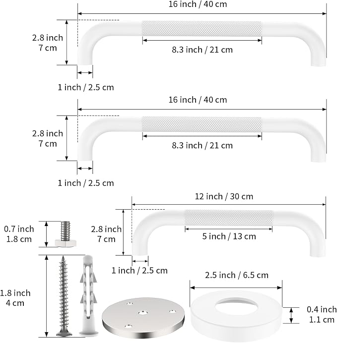 3 Pack Anti Slip Shower Grab Bar Bundle, Munzong 12" 16" 16" White Bathroom Grab Bar, Stainless Steel Handicap Balance Bar,Safety Hand Rail for Commercial Elderly Injury Senior Assist Bath Handle
