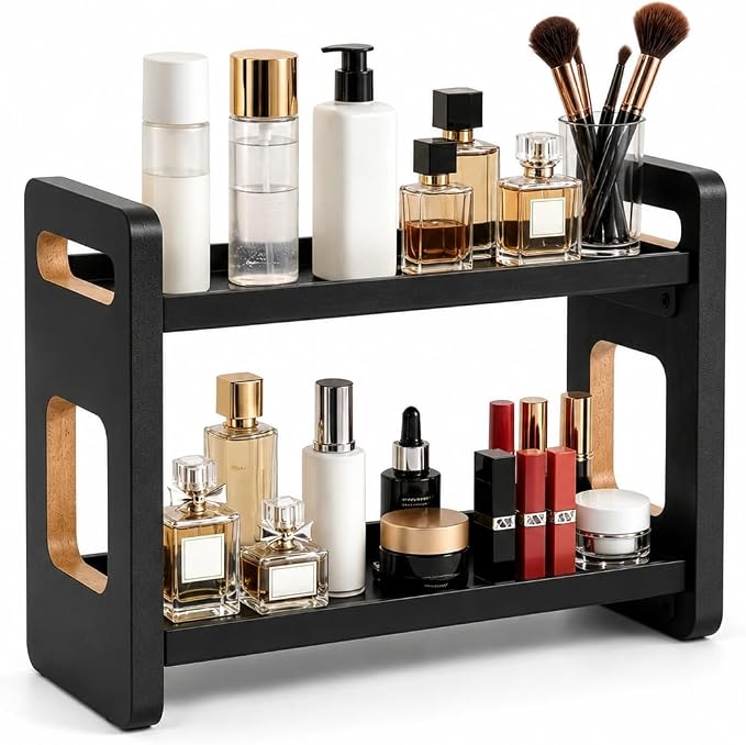 2-Tier Black Bathroom Countertop Organizers and Storage, Vanity Bathroom Sink Organizer Shelf for Skin Care Makeup Cologne and Perfume, Kitchen Countertop Spice Rack Organizer