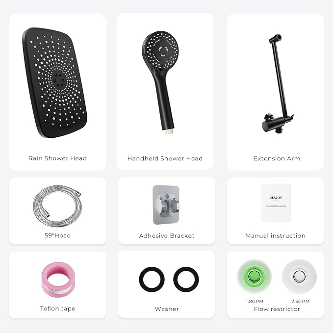 Wide Rain Shower Head With 5 Modes Handheld Showerheads, High Pressure Showerhead Combo with Extension Arm for Bathroom Accessories, Adjustable Shower Head with Anti-Clog Nozzles (Black)