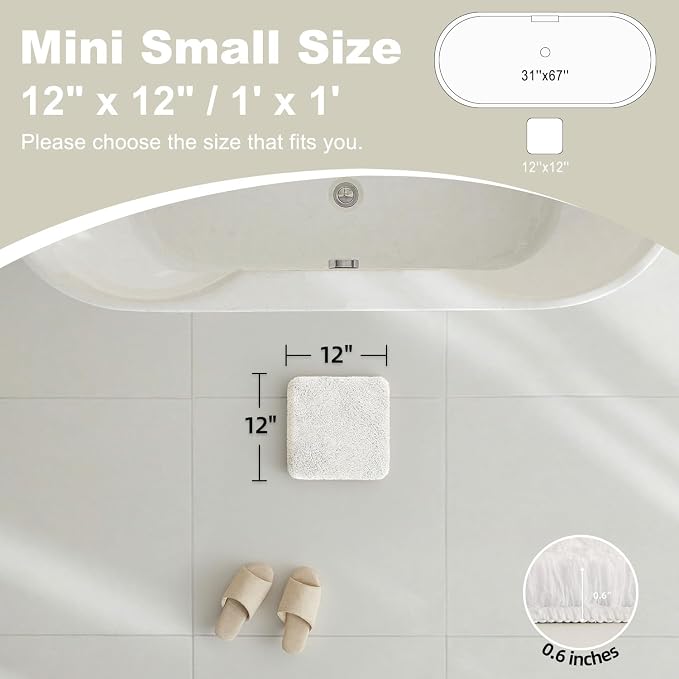 TYUU Small Bath Mat, Ultra Soft Bathroom Rugs Non Slip Washable, Super Absorbent Quick Dry Bath Rug with Rubber Backing for Bathroom Floor, Shower, or Sink, White 12" x 12"