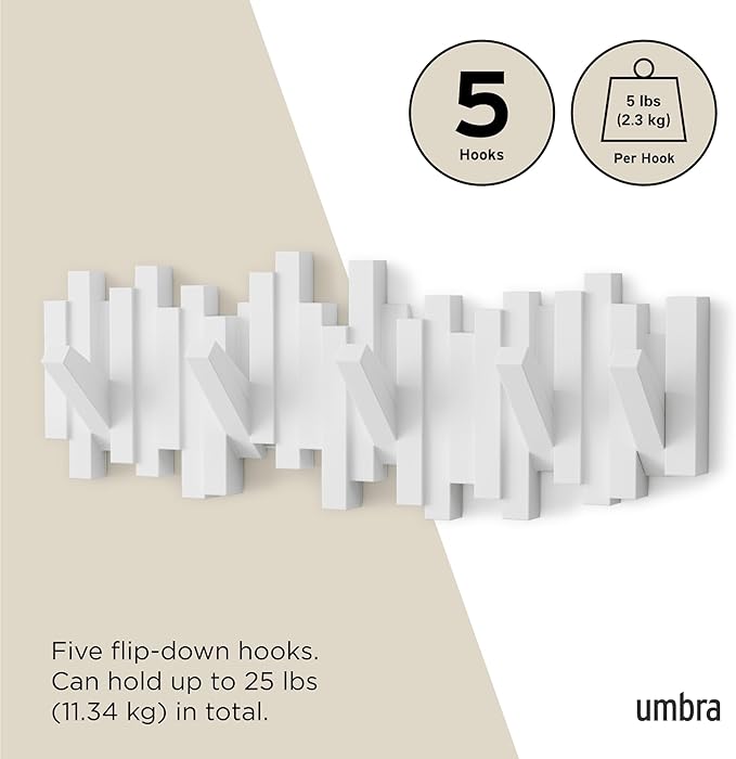 Umbra Sticks Wall-Mounted Coat Rack Rail Hook with 5 Retractable Pegs – Modern, Space-Saving Storage Organizer, White