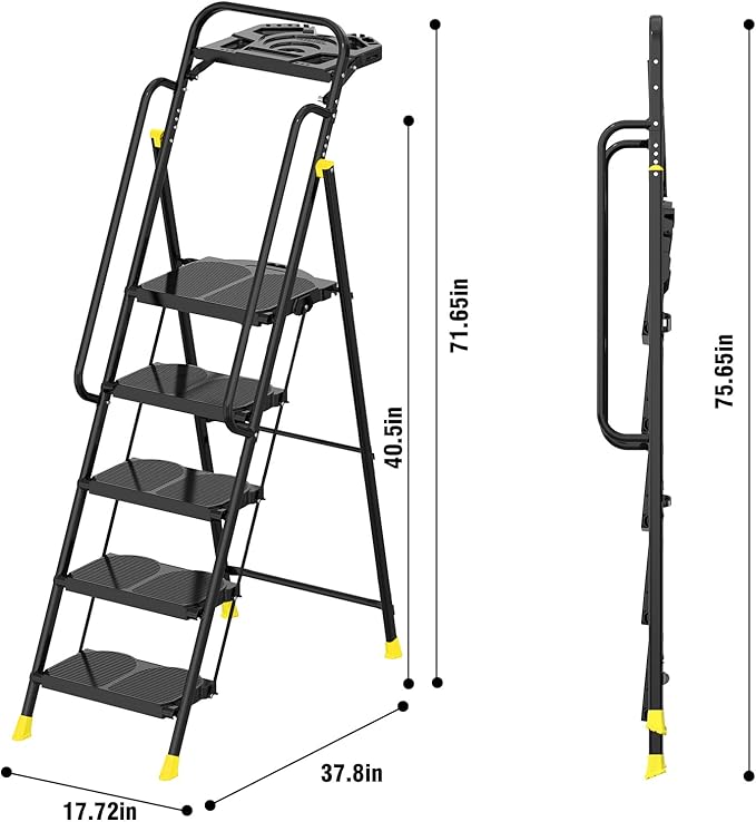 5 Step Foldable Step Ladder Stool with Roomy Tool Tray and Secure Handrail, Foldable Platform Ladder 5 Step Folding Stepstools with Wide Pedals and 800lbs Weight Capacity for Adults, Home, Kitchen