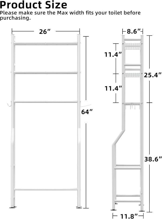 Livilord 3-Tier Over The Toilet Storage, Freestanding Metal Bathroom Shelves with 4 Hooks, Over Toilet Storage Shelf with Paper Holder, Above The Toilet Shelf for Bathroom Storage, White