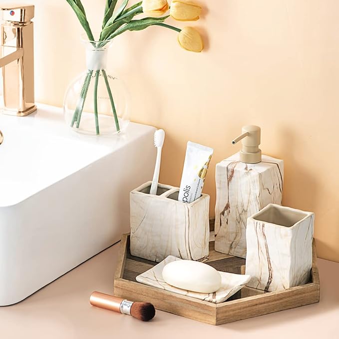 RQYIXI Bathroom Accessories Set 4 Pieces Toothbrush Holder Soap Dispenser Ceramic Bathroom Decor Set Contain Toothbrush Cup Soap Dish Tumbler Marble Brown