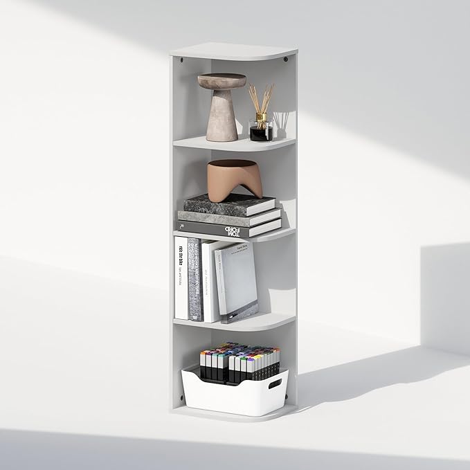 Furinno Reed Corner Shelf, 4-Tier Corner Bookshelf, Book Shelf, Corner Shelves, Storage Rack, for Organization and Storage, Home Office, Living Room, White