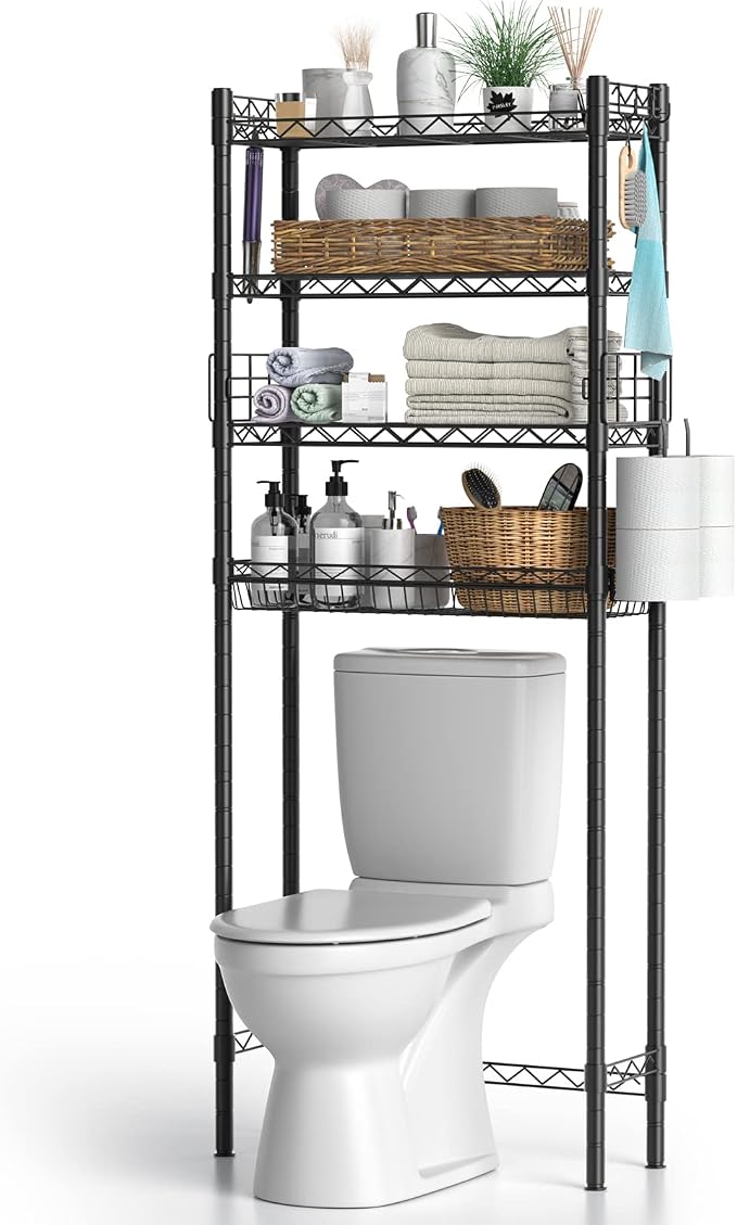 Hodonas Over Toilet Bathroom Organizer, Adjustable 4-Tier Over the Toilet Storage Shelf Sturdy Bathroom Shelves, Freestanding Above Toilet Storage Rack Stable Bathroom Space Saver, Black