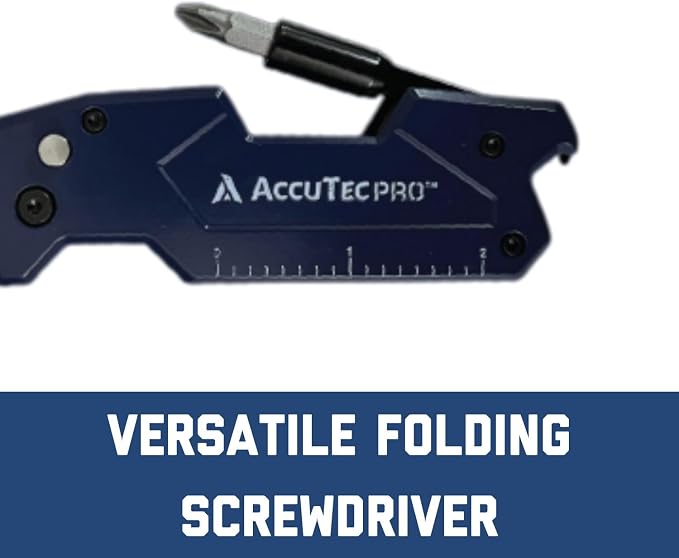 AccuTec Pro 7-in-1 Utility Knife 1 Blade - Multi-Purpose Tool - Folding Screwdriver, 1/4 Inch Bit Holder, Can/Bottle Opener, Inch/Metric Ruler, Phillips/Slotted Bit - APTL-8007
