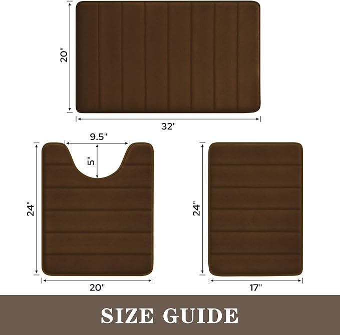BYSURE Brown Memory Foam Bathroom Rug Set 3 Piece, Non Slip Extra Soft Absorbent Bath Mats, Machine Washable & Dry Toilet Mat Sets for Bathroom Floor