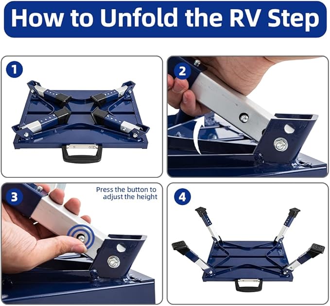 Homeon Wheels RV Step Stool, Portable Folding Aluminum Platform with Anti-Slip Surface and Handles, Adjustable Height Safety Step Supports Up to 1000 lbs, for Camping, Travel Trailer, Truck, Blue