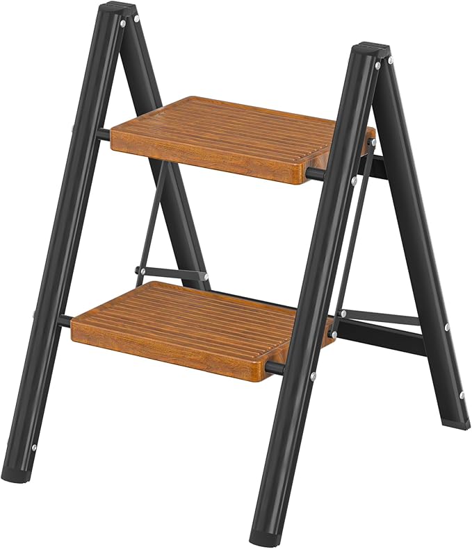 DIAMONDFORGE 2 Step Ladder, Lightweight Folding Step with Wide Anti-Slip Pedal & Feet, 330 lbs Capacity,Sturdy Steel Step Ladder for Home,Kitchen and Office,Woodgrain