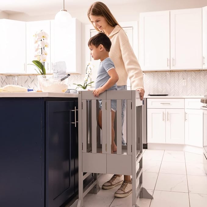 Milliard Wooden Kids Kitchen Step Stool Helper, Foldable – for Kids and Toddlers (Grey)