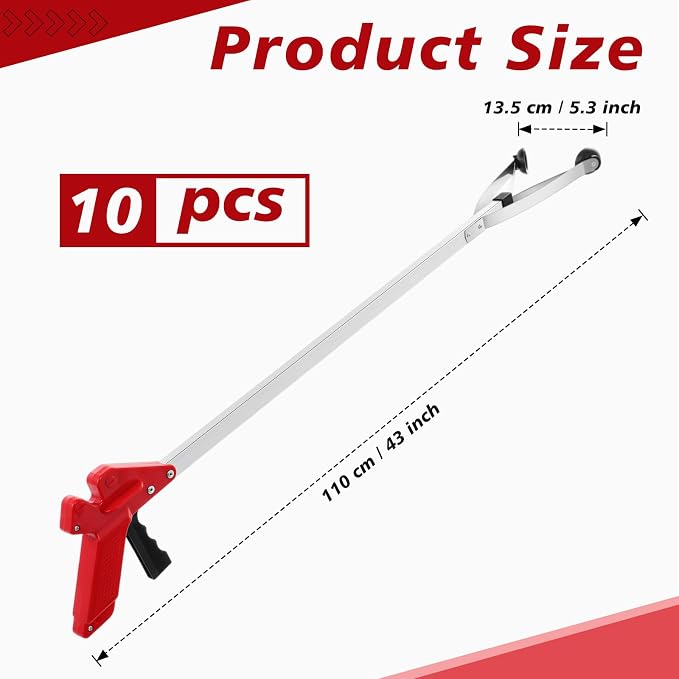 Sabary 10 Pack Suction Cup Reacher Grabber Heavy Trash Picker Grabber Tool, Long Handy Aids Nonslip Claw Reach Tool for Elderly Pick up Stick Arm Extension Litter Picker(Red,43 Inch)