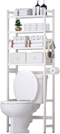 Cozivolife Over The Toilet Storage: 4-Tier Bamboo Organizer Rack with 2 Baskets & Paper Holder & 4 Hooks & Waterproof Feet Pad, Adjustable Freestanding Shelf for Bathroom (White)