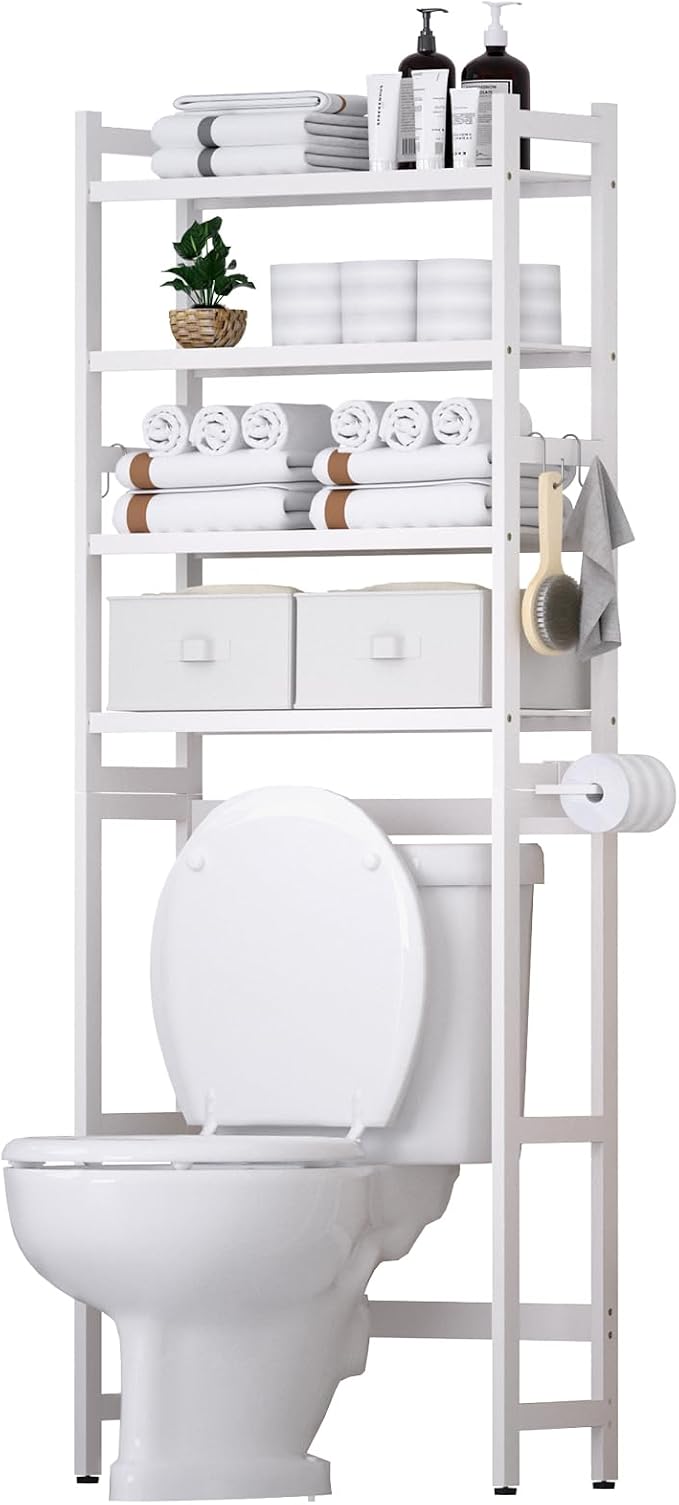 Cozivolife Over The Toilet Storage: 4-Tier Bamboo Organizer Rack with 2 Baskets & Paper Holder & 4 Hooks & Waterproof Feet Pad, Adjustable Freestanding Shelf for Bathroom (White)