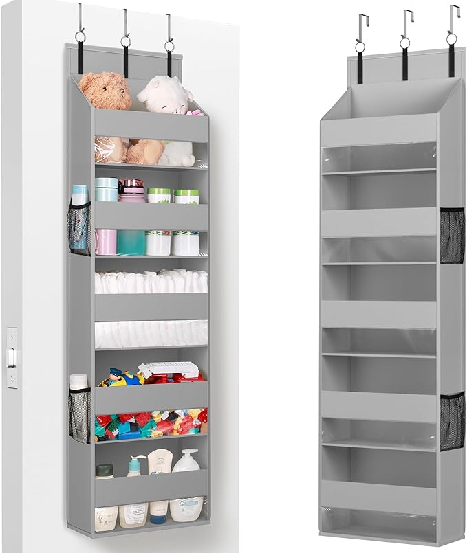 Lifewit 1 Pack Over the Door Organizer, Clear Window Hanging Storage with 4 Side Pockets, Anti Tilt 40 lbs Load Behind Door for Pantry, Nursery, Bathroom, Bedroom, Dorm, 5 Section, Gray