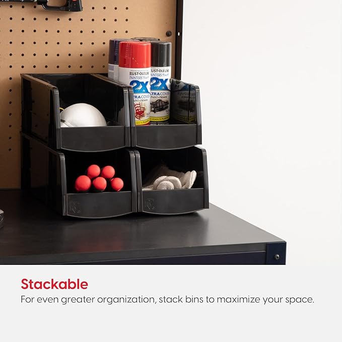 IRIS USA Medium Stackable Storage Bins, 8-Pack, 11" L x 6" W x 5" H, |Made in USA|, Plastic Open Front Shelf Bin for Organizing Parts, Hardware, Tools, Supplies, Garage Shelf, Pantry - Black