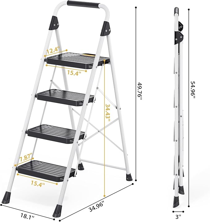 KINGRACK 4 Step Ladder, Folding Step Stool with Comfortable Handrail, Wide Anti-Slip Pedals & Safe-Lock Design, 800lbs Load Capacity, Sturdy Steel Portable Ladder, Perfect for Home and Kitchen, White