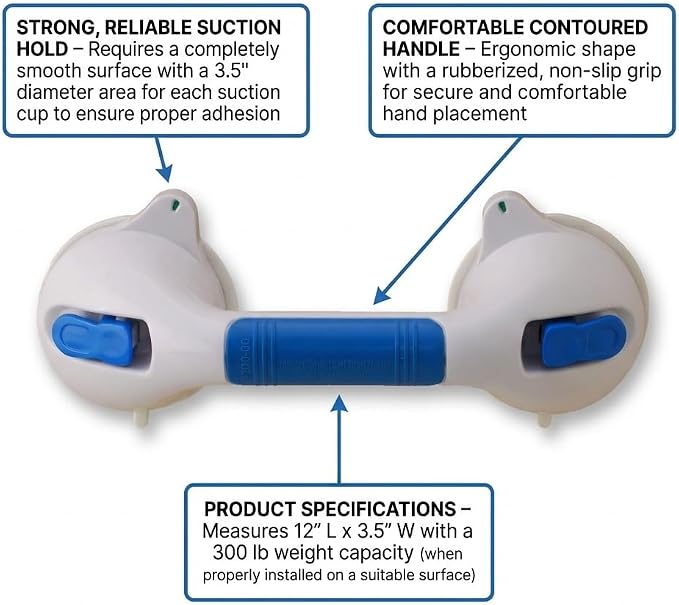 NOVA Suction Cup Grab Bar 12” – Tool-Free Removable Bath & Shower Safety Handle with Secure Lock Indicator, Non-Slip Contoured Grip, Travel-Friendly, 300 lb Capacity